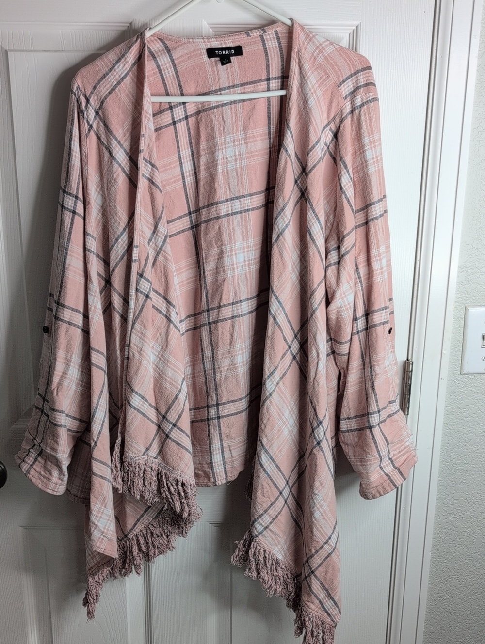torrid 100% Cotton Pink Plaid Fringe Open-Front Cape Size 2X